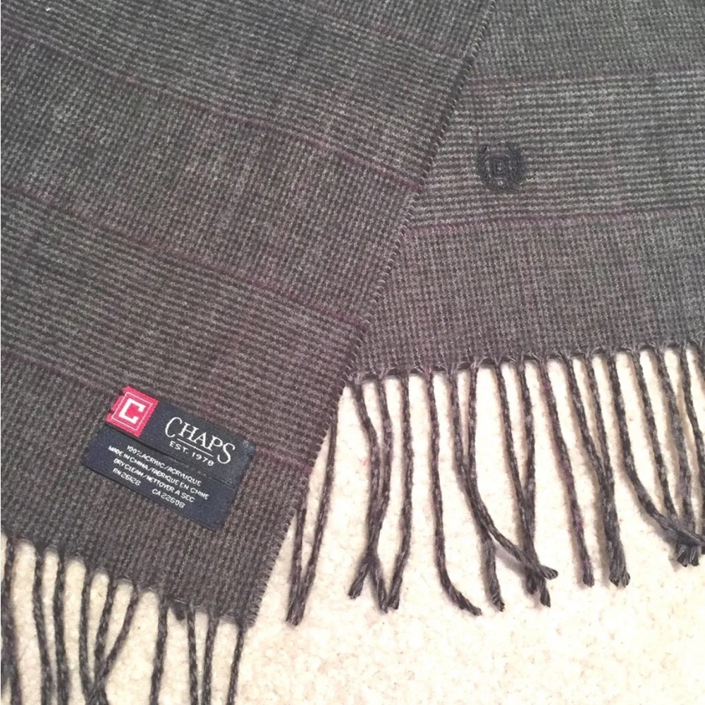 Chaps Gray and Black Plaid 100% Acrylic Scarf 10"x 72"  Est. 1978
